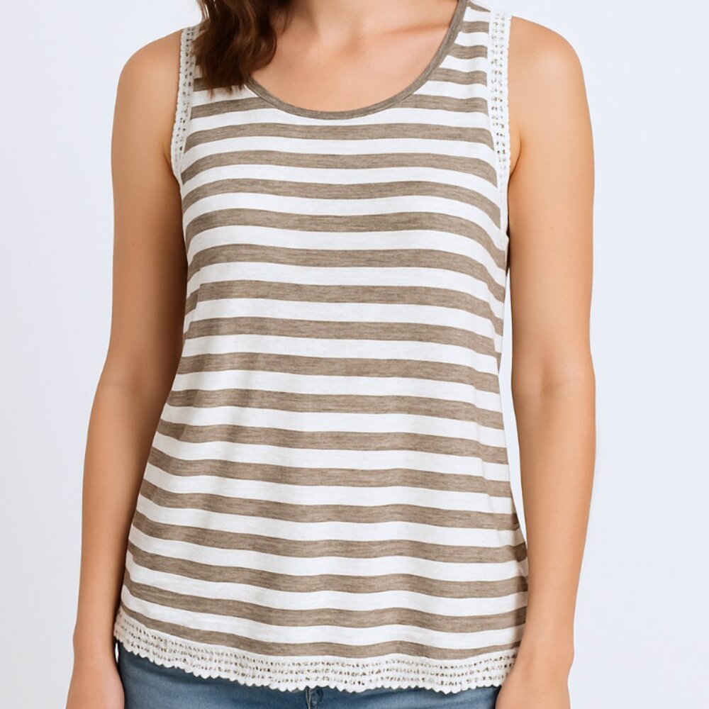 NWT Bellambra Italy | Crochet Trim White & Taupe Striped Tank Top | Size Small